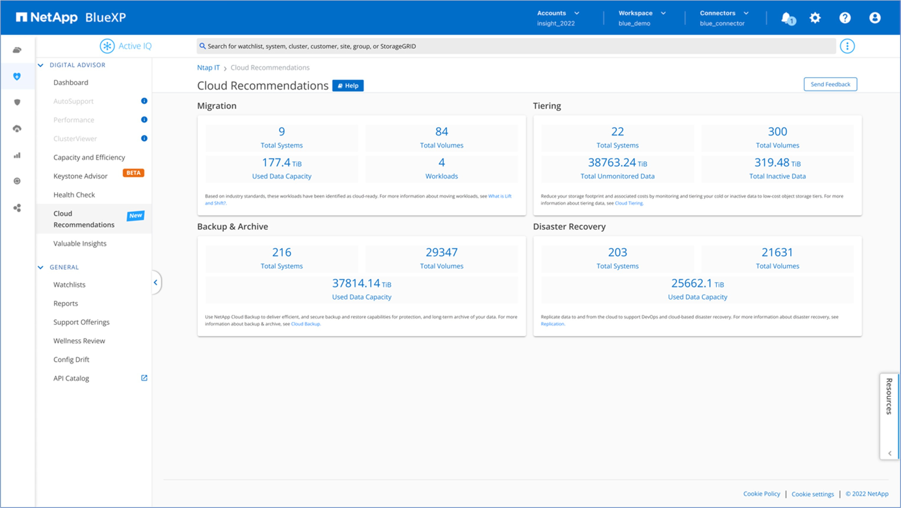 Captura de pantalla de la consola de recomendaciones de nube de NetApp