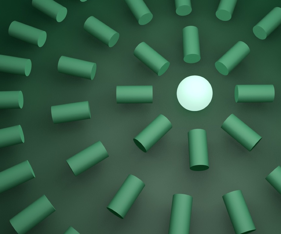 3 rings of green cork-like objects encircling a white off-center circle on a dark green background