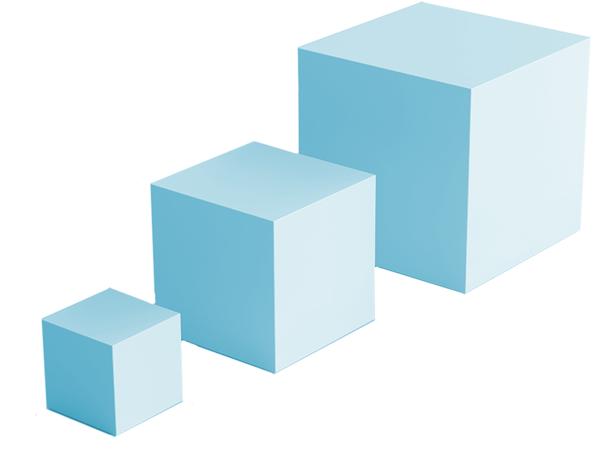 small, medium and large blue cubes