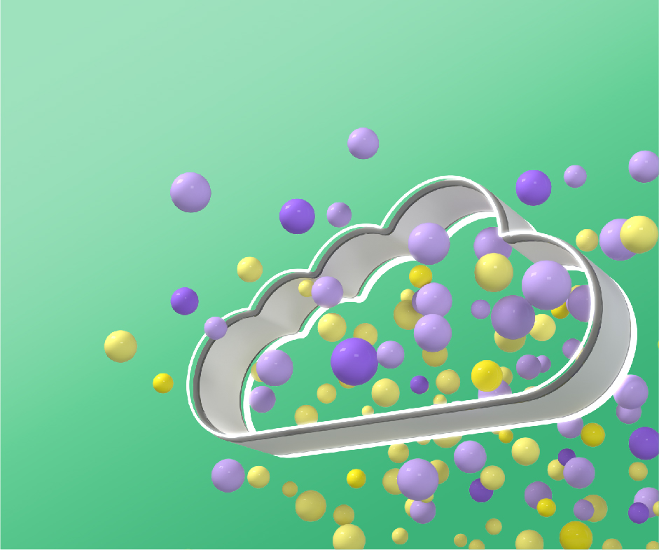 cloud cutout with colorful spheres surrounding it 