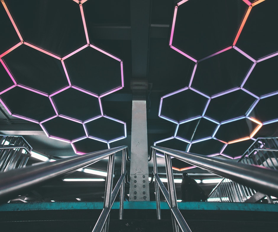 a stage with hexagon symbol on top of the ceiling