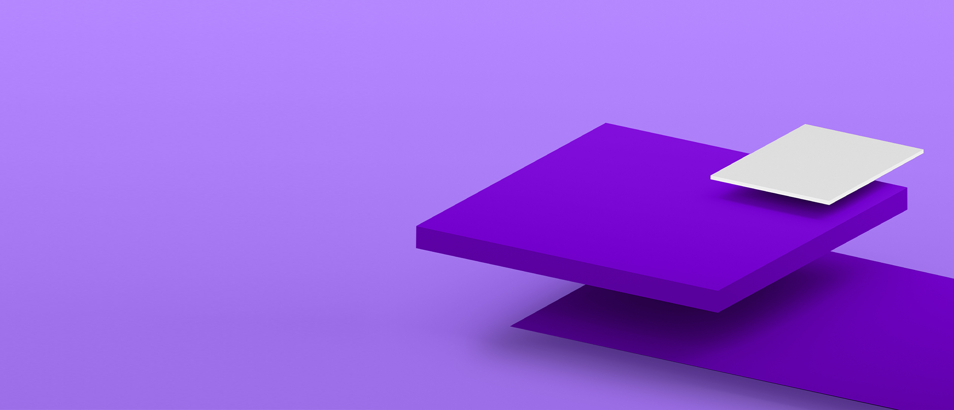 Purple square floating with a white square above it, on a purple background