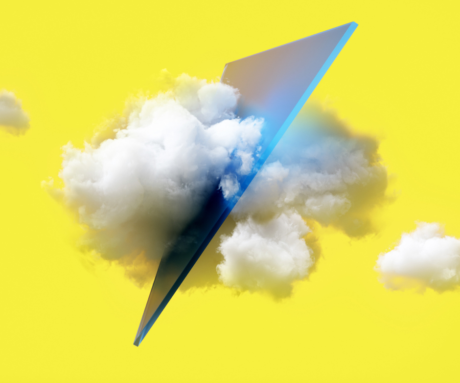 yellow background with clouds and blue triangle shape in center