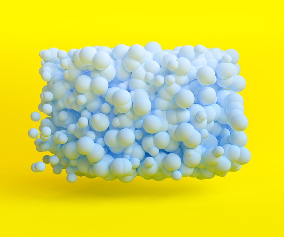 yellow background with white bubbles floating loosely in the shape of a cube